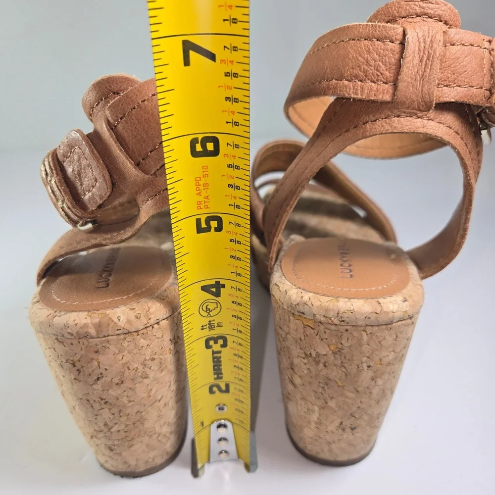Lucky Brand Valintina Cork Wedge Sandals Brown Leather Ankle Strap Women's 8.5‎
